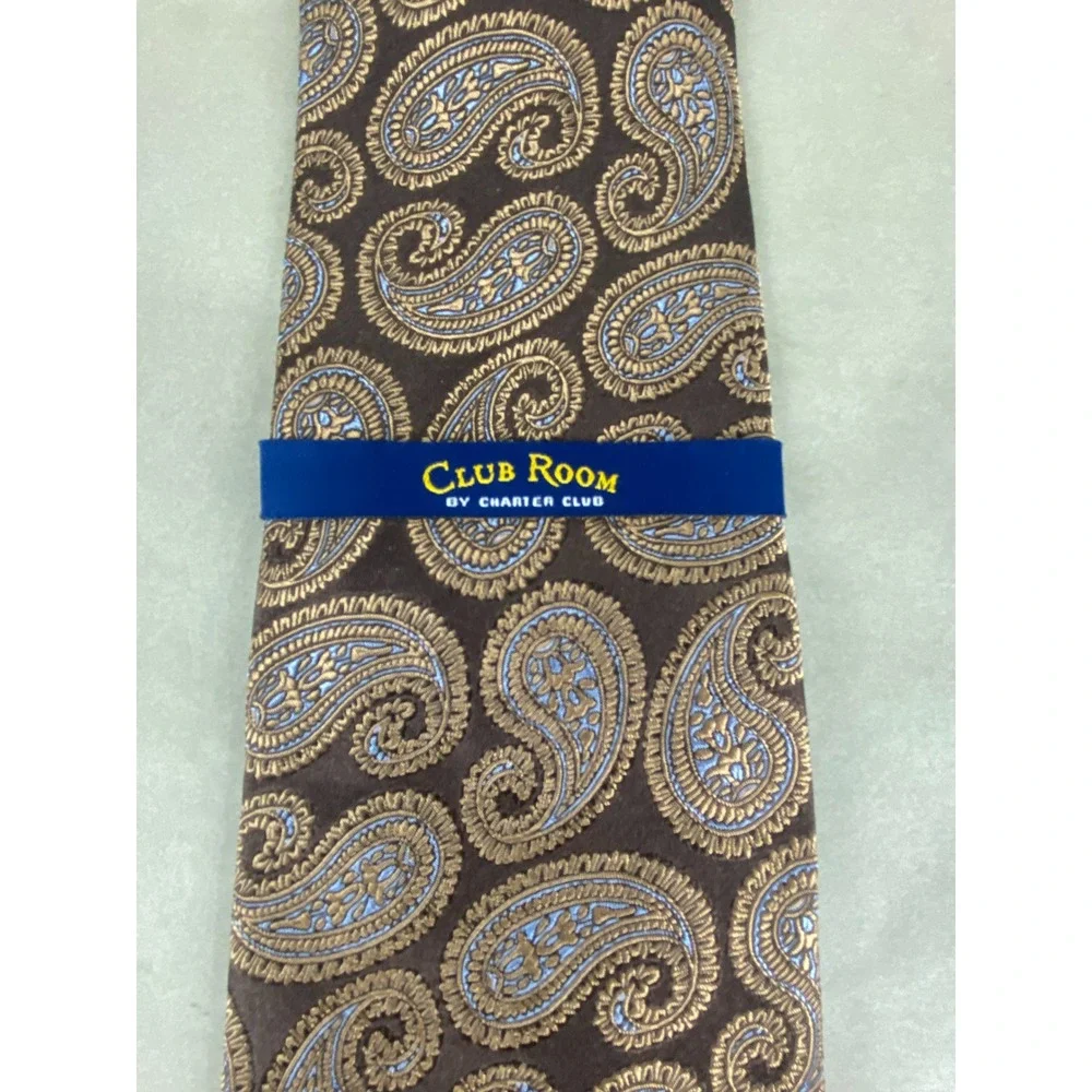 Club Room Mens Tie Paisley Brown Gold Blue Designer 100% Silk NWT 58x4